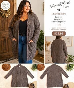 Universal Thread XL Longline Cardigan Sweater Brwn Chunky Knit Open Front Pocket